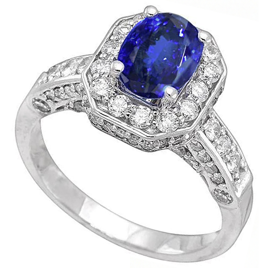 Anello Tanzanite Ovale e Diamanti Naturali Autentici ( non creati in laboratorio ) Rotondi 3.61 Carati Oro Bianco 14K