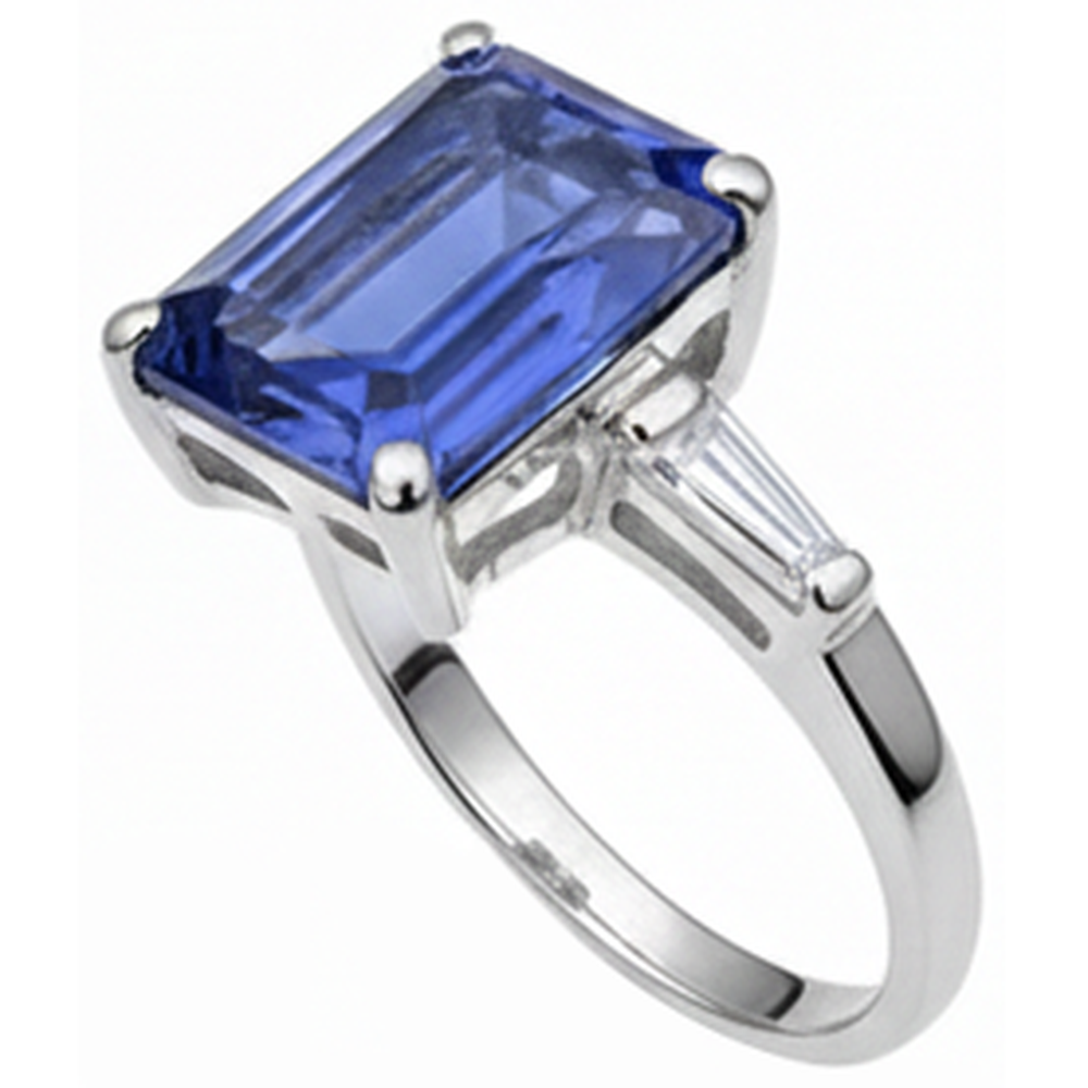 Anello Tanzanite Smeraldo e Diamanti Naturali Autentici ( non creati in laboratorio ) Baguette 12.12 Carati Oro Bianco 14K