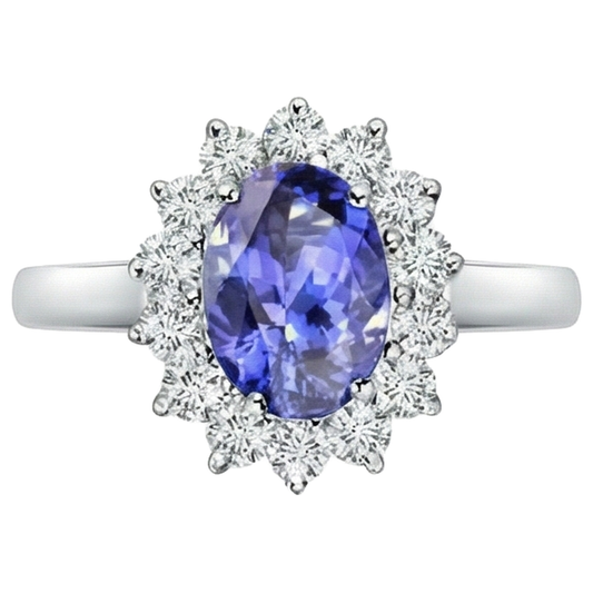 Anello Tanzanite Stile Fiore Con Diamanti 6.50 Carati Oro Bianco 14K