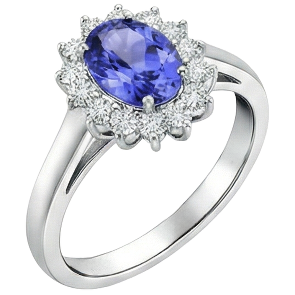 Anello Tanzanite Stile Fiore Con Diamanti 6.50 Carati Oro Bianco 14K