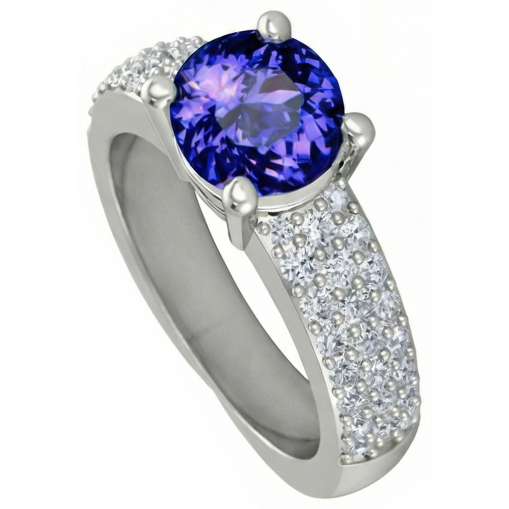 Anello Tanzanite Taglio Rotondo Con Diamanti 3.70 Carati Oro Bianco 14K