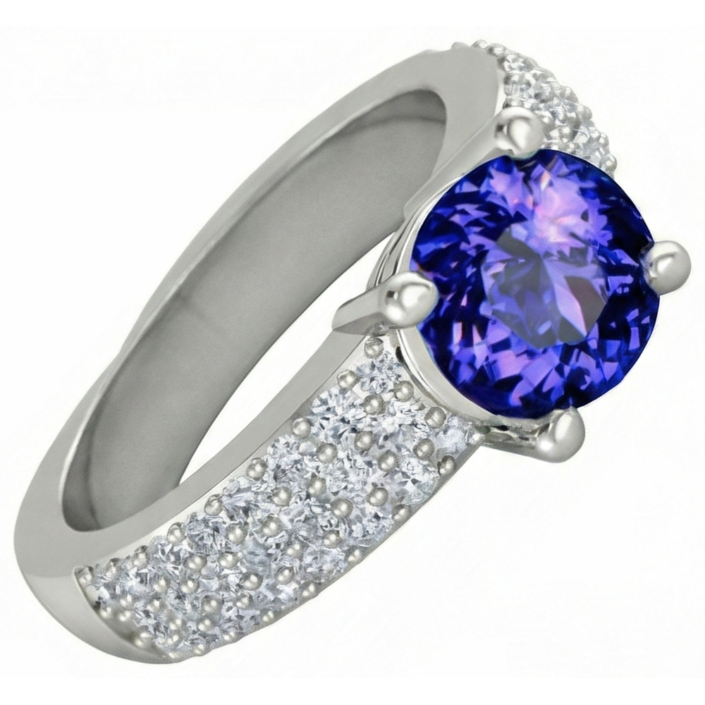 Anello Tanzanite Taglio Rotondo Con Diamanti 3.70 Carati Oro Bianco 14K