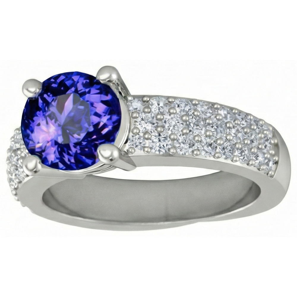 Anello Tanzanite Taglio Rotondo Con Diamanti 3.70 Carati Oro Bianco 14K