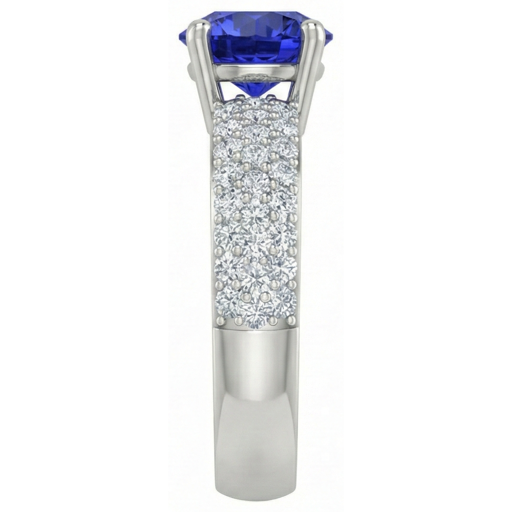 Anello Tanzanite Taglio Rotondo Con Diamanti 3.70 Carati Oro Bianco 14K
