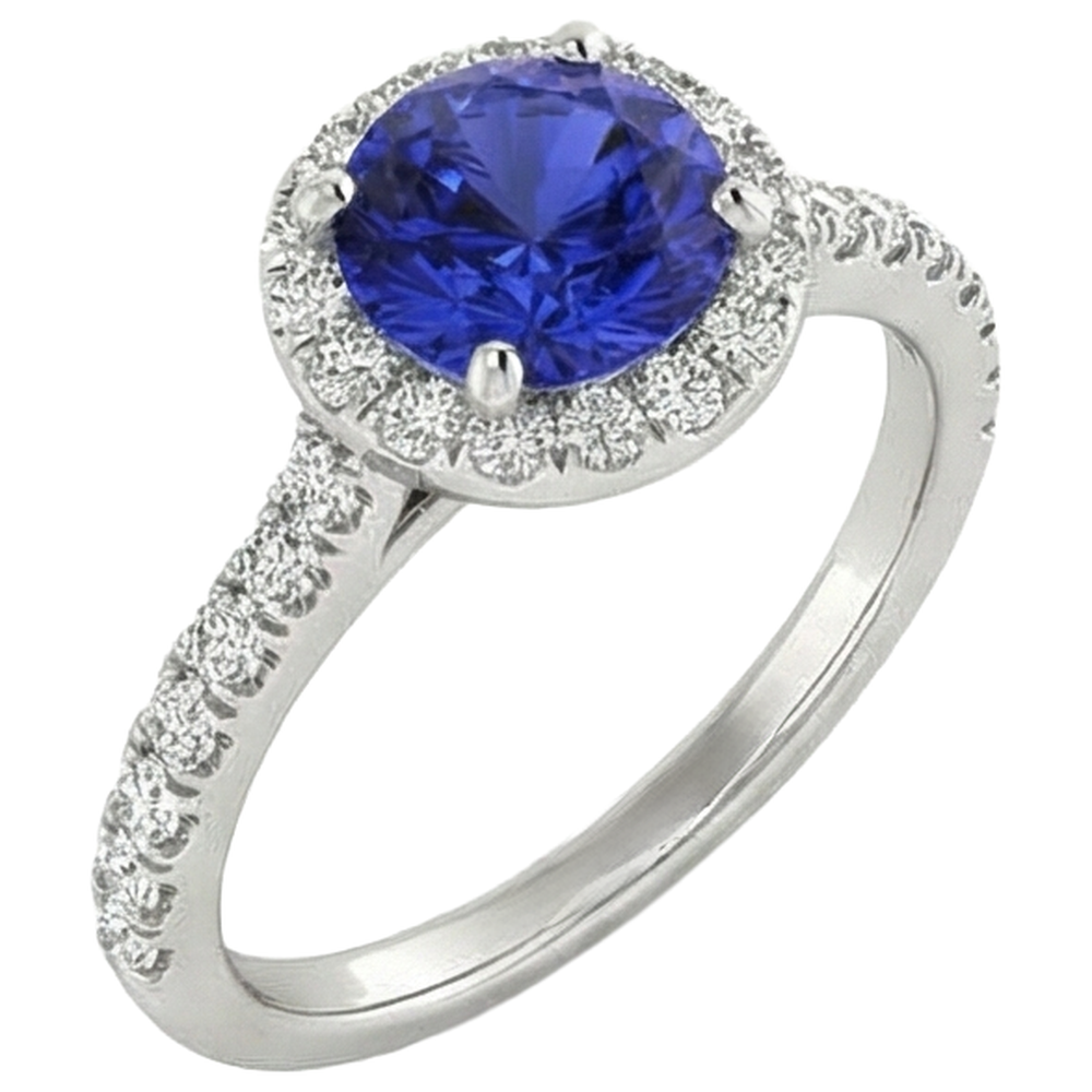 Anello Tanzanite Taglio Rotondo E Diamanti 11 Ct Oro Bianco 14K