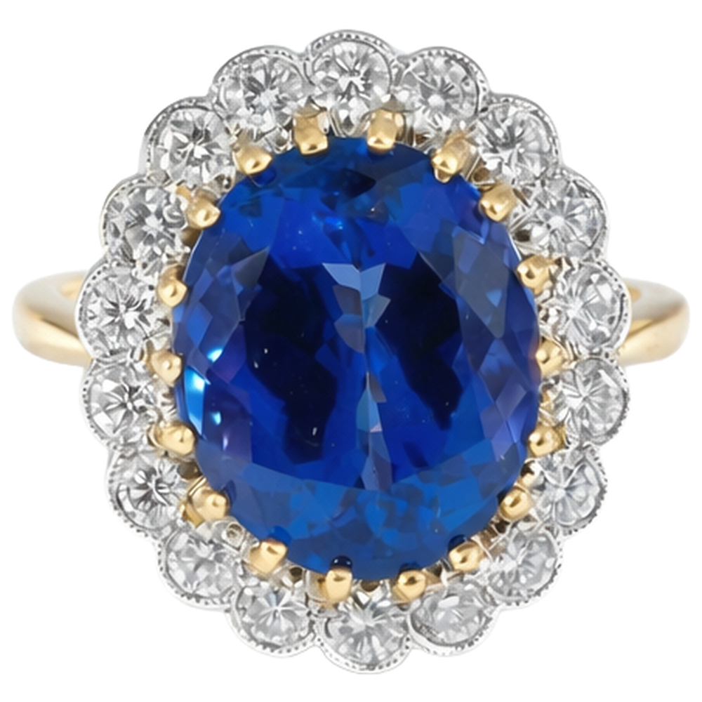 Anello Tanzanite Taglio Tondo 5.75 Carati Con Diamanti Oro Bianco e Giallo 14K
