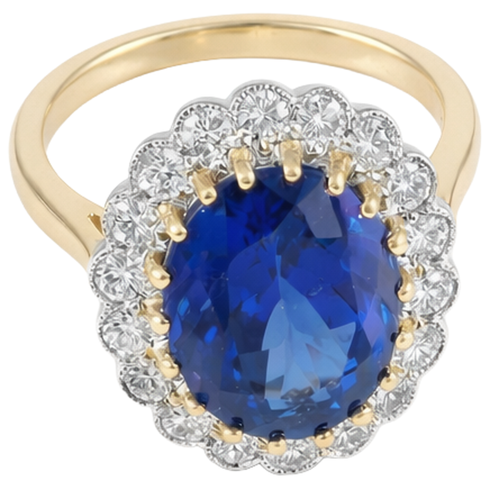Anello Tanzanite Taglio Tondo 5.75 Carati Con Diamanti Oro Bianco e Giallo 14K