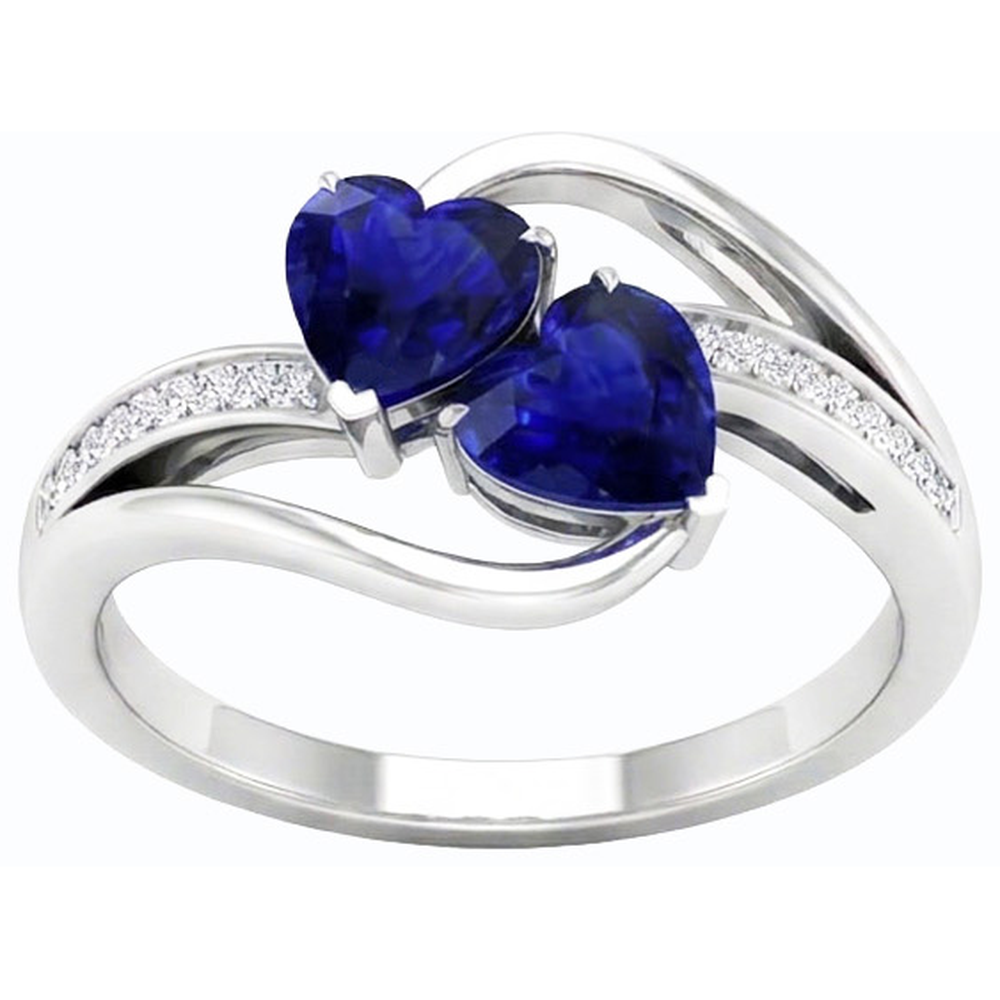 Anello Toi et Moi 3.50 Carati Cuore Zaffiro Blu e 2 Diamanti Naturali Autentici ( non creati in laboratorio ) Rotondi Pietra