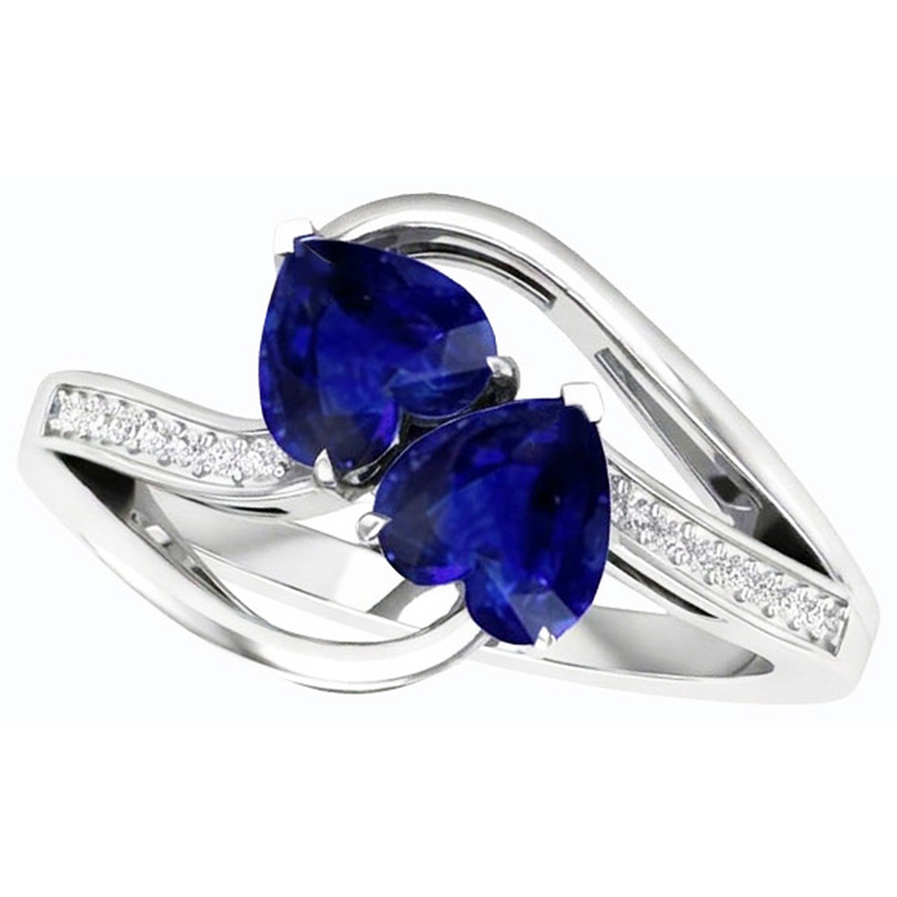 Anello Toi et Moi 3.50 Carati Cuore Zaffiro Blu e 2 Diamanti Naturali Autentici ( non creati in laboratorio ) Rotondi Pietra