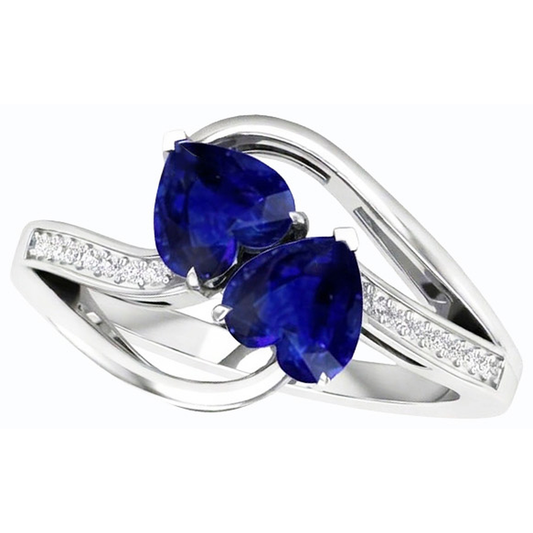 Anello Toi et Moi 3.50 Carati Cuore Zaffiro Blu e 2 Diamanti Naturali Autentici ( non creati in laboratorio ) Rotondi Pietra