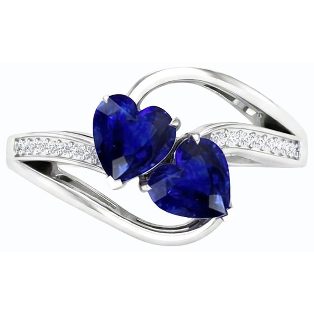 Anello Toi et Moi 3.50 Carati Cuore Zaffiro Blu e 2 Diamanti Naturali Autentici ( non creati in laboratorio ) Rotondi Pietra