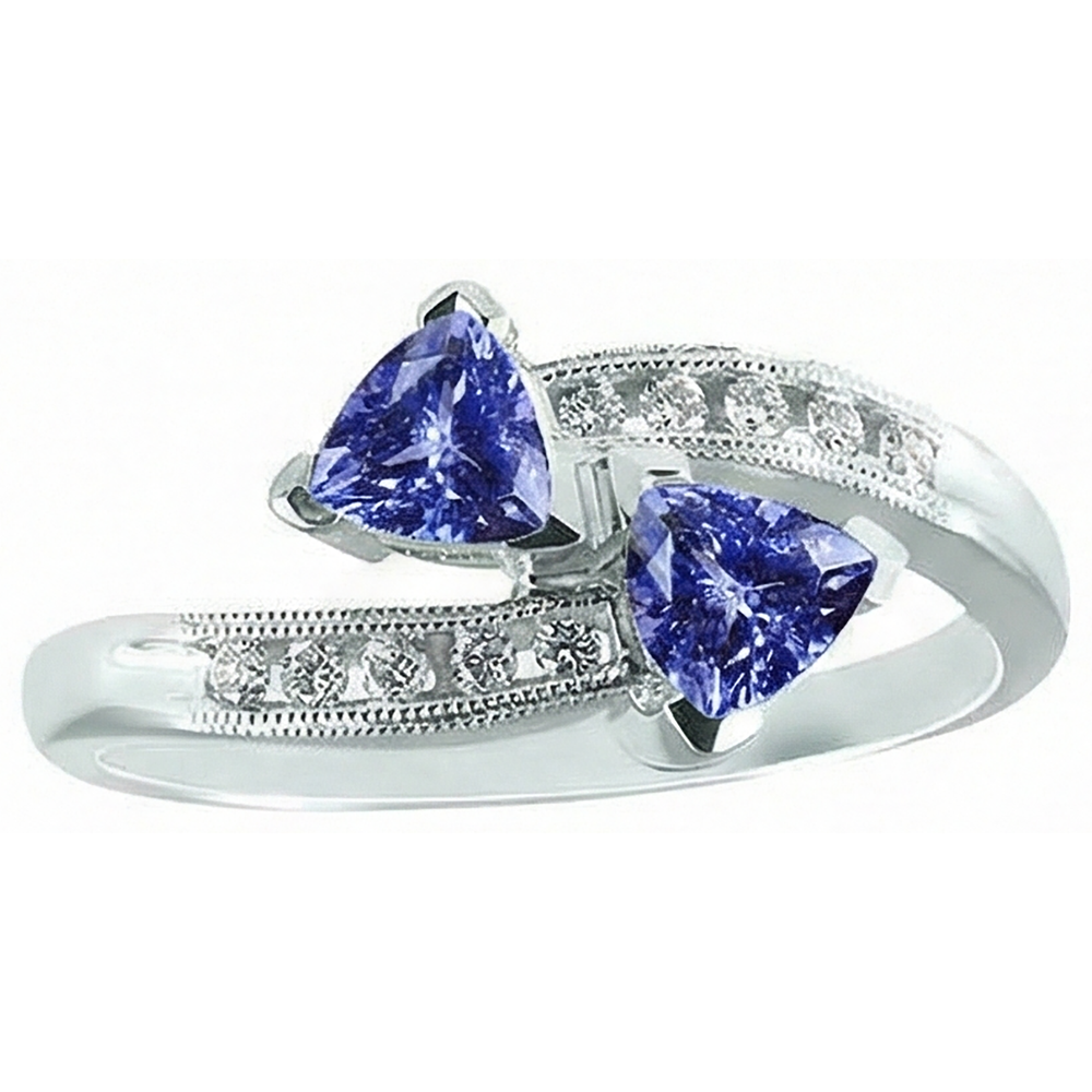 Anello Toi et Moi Trilioni di Tanzanite e Diamanti Naturali Autentici ( non creati in laboratorio ) Rotondi Oro 2.50 Carati