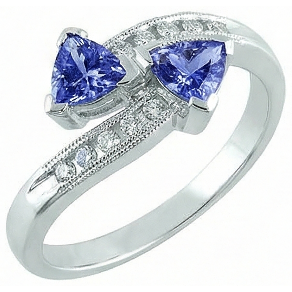 Anello Toi et Moi Trilioni di Tanzanite e Diamanti Naturali Autentici ( non creati in laboratorio ) Rotondi Oro 2.50 Carati