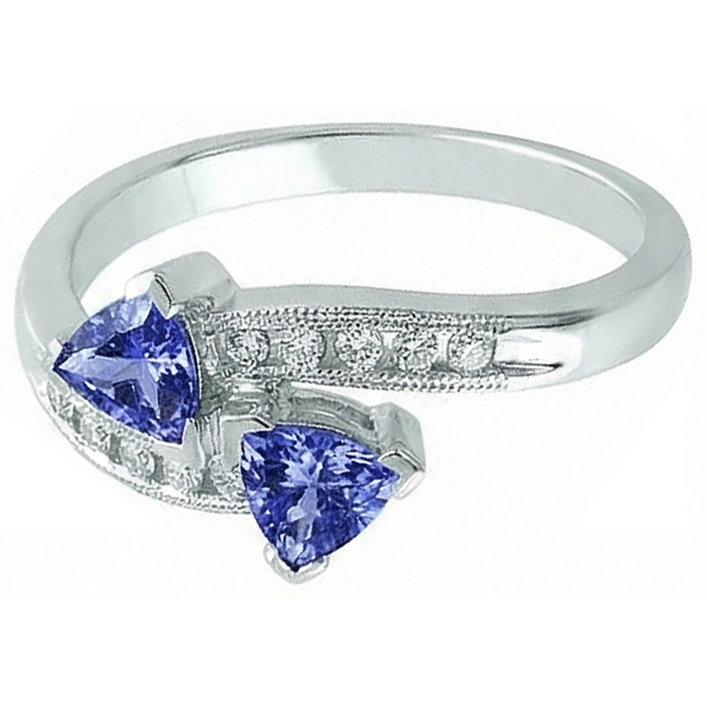 Anello Toi et Moi Trilioni di Tanzanite e Diamanti Naturali Autentici ( non creati in laboratorio ) Rotondi Oro 2.50 Carati