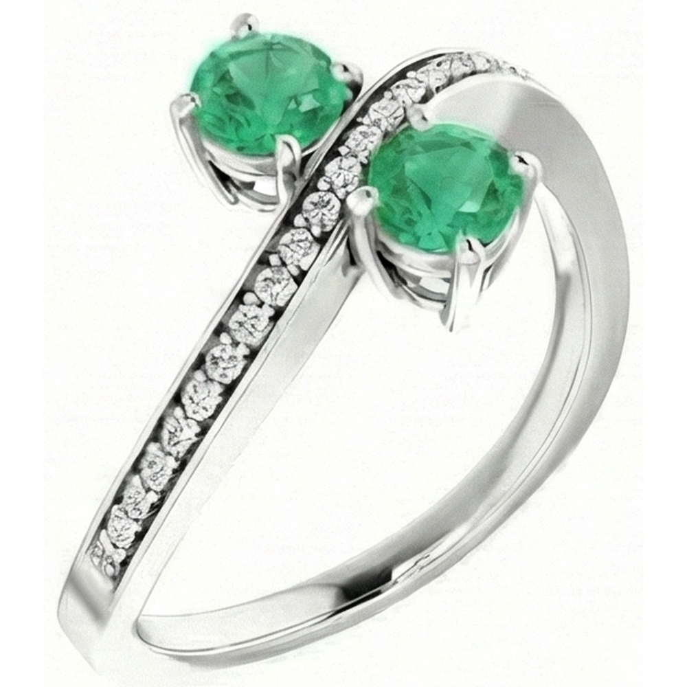 Anello Toi et Moi con smeraldo verde rotondo 2.60 carati. oro bianco 14K
