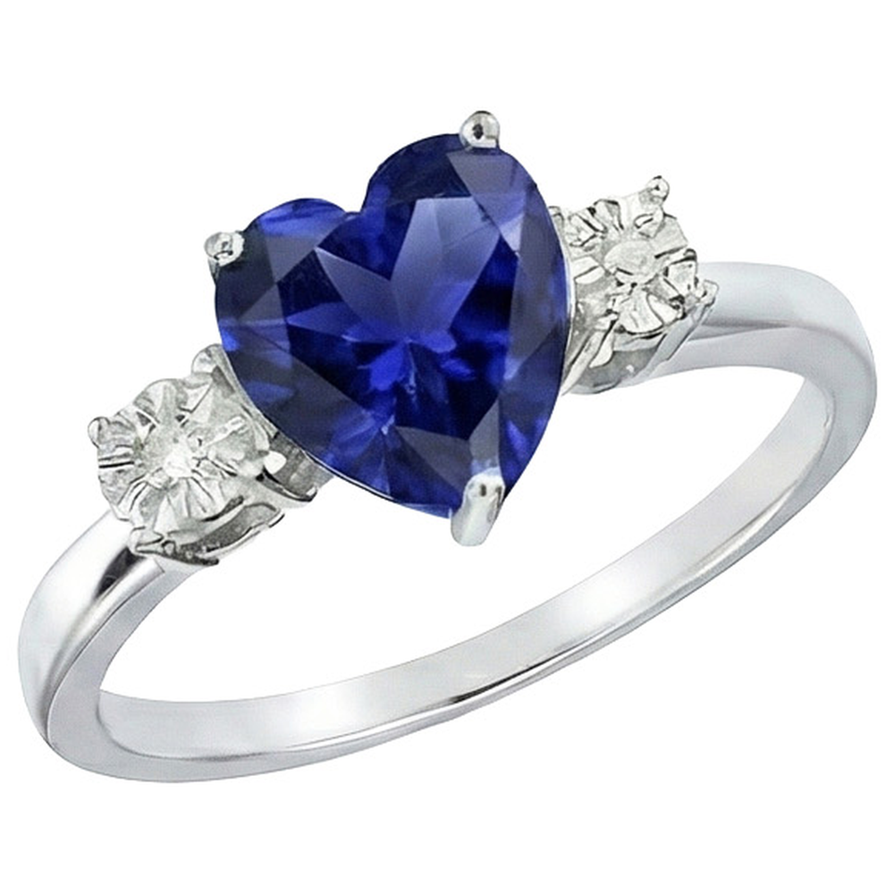 Anello Tre Pietre Forma Cuore Zaffiro Blu Tondo & Diamanti 8 Carati