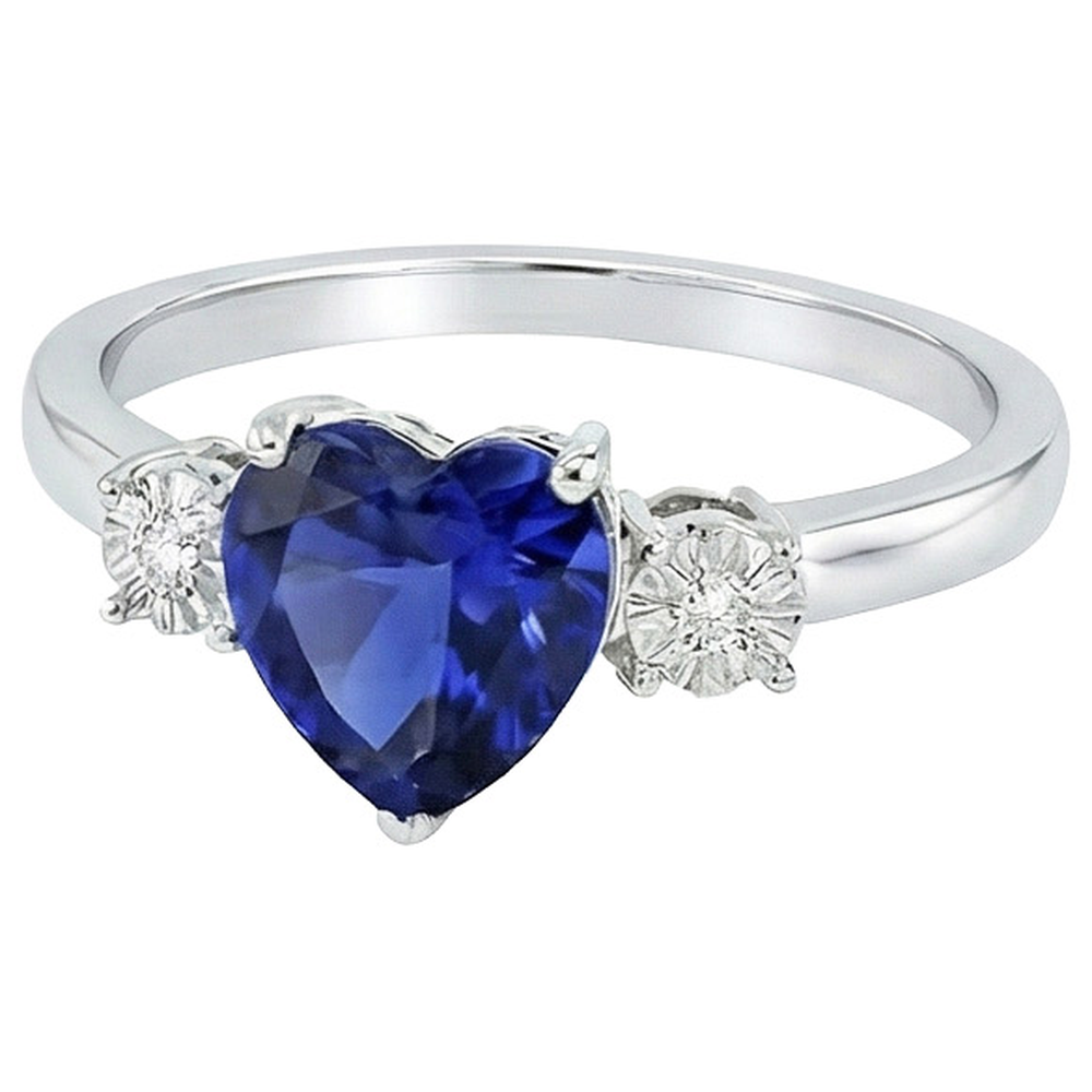 Anello Tre Pietre Forma Cuore Zaffiro Blu Tondo & Diamanti 8 Carati