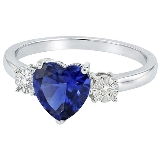 Anello Tre Pietre Forma Cuore Zaffiro Blu Tondo & Diamanti 8 Carati