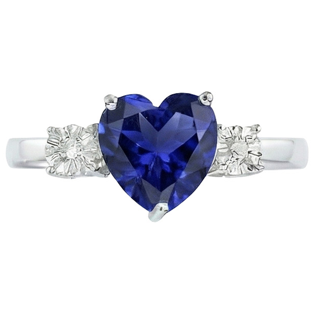 Anello Tre Pietre Forma Cuore Zaffiro Blu Tondo & Diamanti 8 Carati