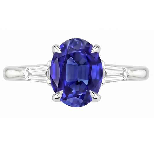 Anello Tre Pietre Oro Bianco Zaffiro Ceylon & Diamanti Naturali Autentici ( non creati in laboratorio ) 2.50 Carati