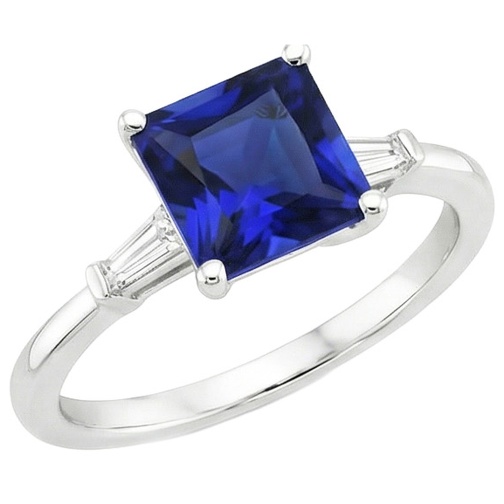 Anello Tre Pietre Zaffiro Princess Blue & Diamanti Baguette 5.25 Carati