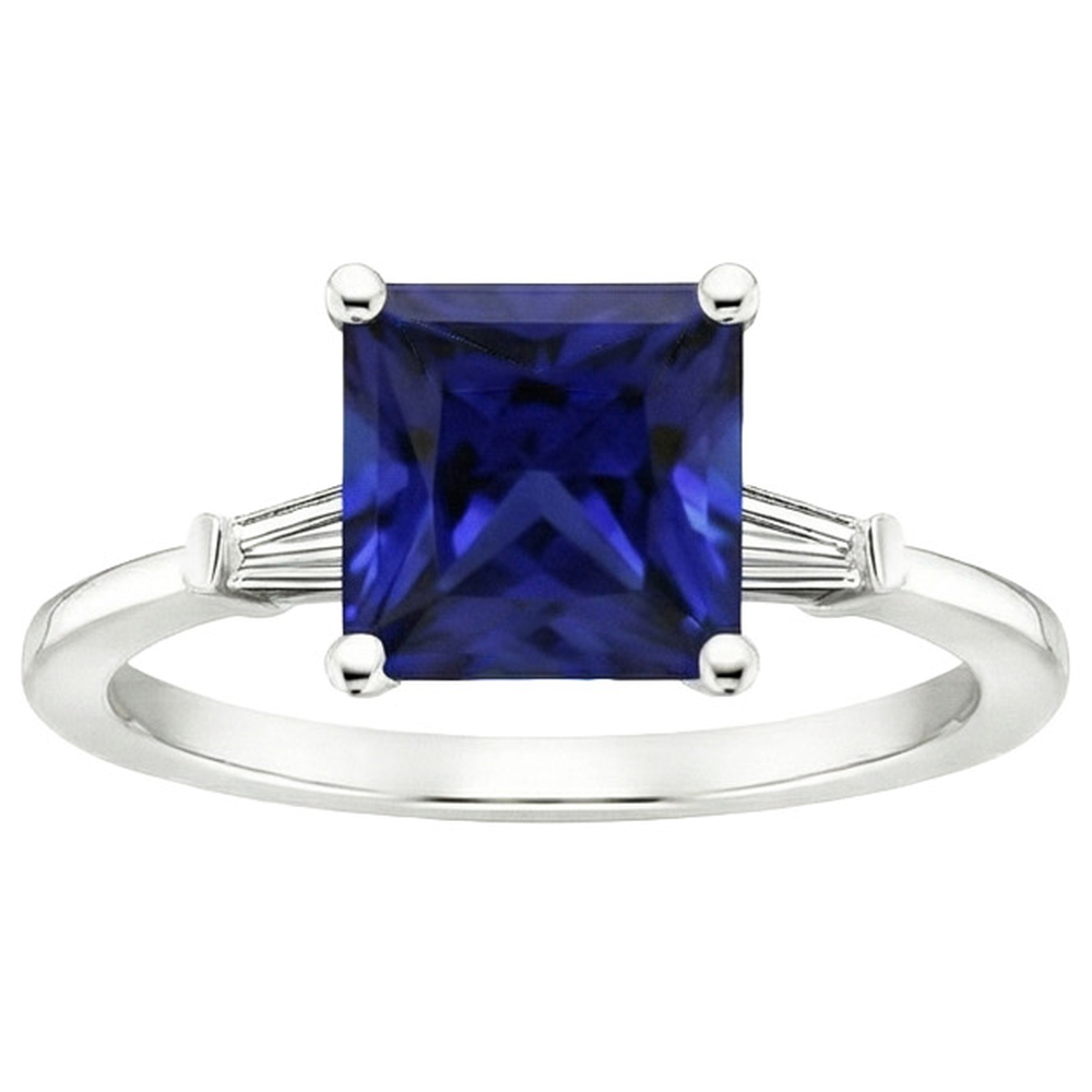 Anello Tre Pietre Zaffiro Princess Blue & Diamanti Baguette 5.25 Carati