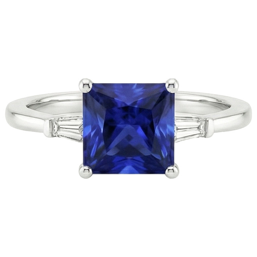 Anello Tre Pietre Zaffiro Princess Blue & Diamanti Baguette 5.25 Carati