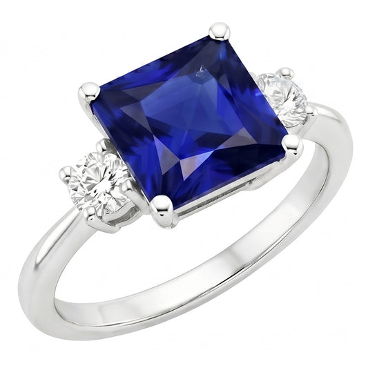 Anello Tre Pietre Zaffiro Princess Blue & Diamanti Rotondi 5.50 Carati