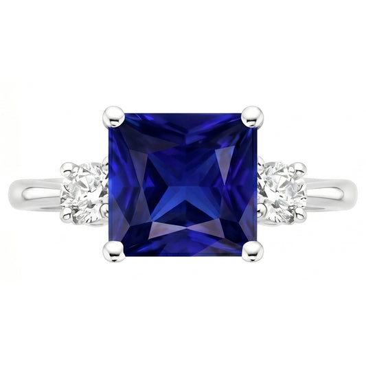 Anello Tre Pietre Zaffiro Princess Blue & Diamanti Rotondi 5.50 Carati