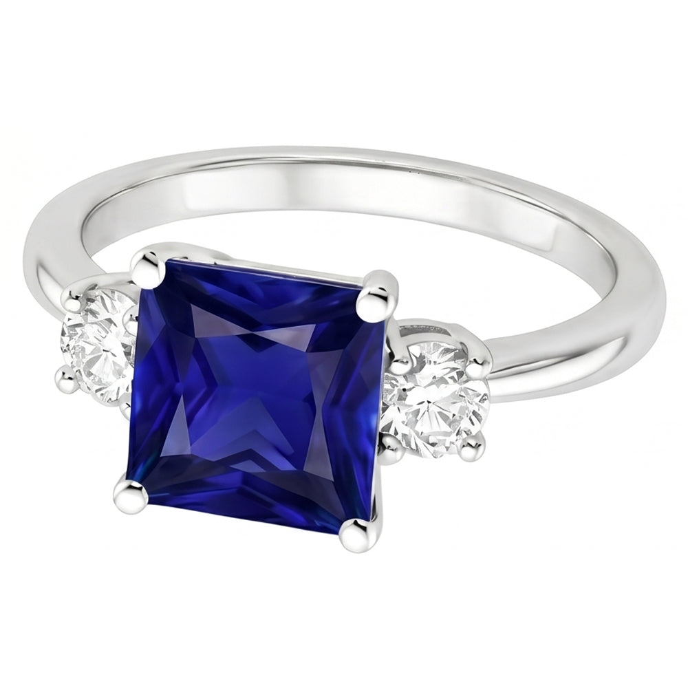 Anello Tre Pietre Zaffiro Princess Blue & Diamanti Rotondi 5.50 Carati