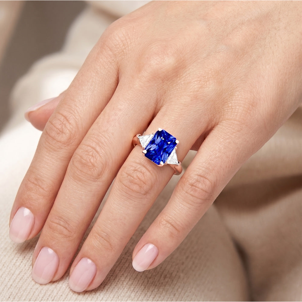 Anello Trilioni di Diamanti Naturali Autentici ( non creati in laboratorio ) 3 Pietre Zaffiro Radiante Oro Rosa 3 Carati