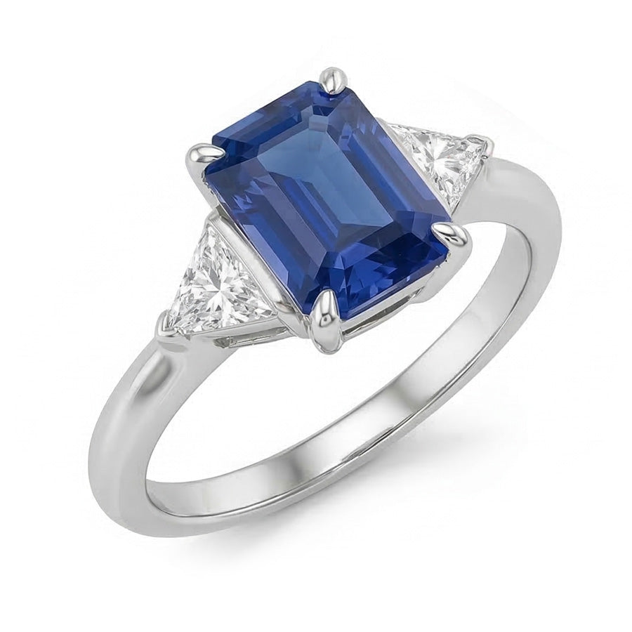 Anello Trilioni di Diamanti Naturali Autentici ( non creati in laboratorio ) Tre Pietre Smeraldo Zaffiro di Ceylon 2.50 Carati