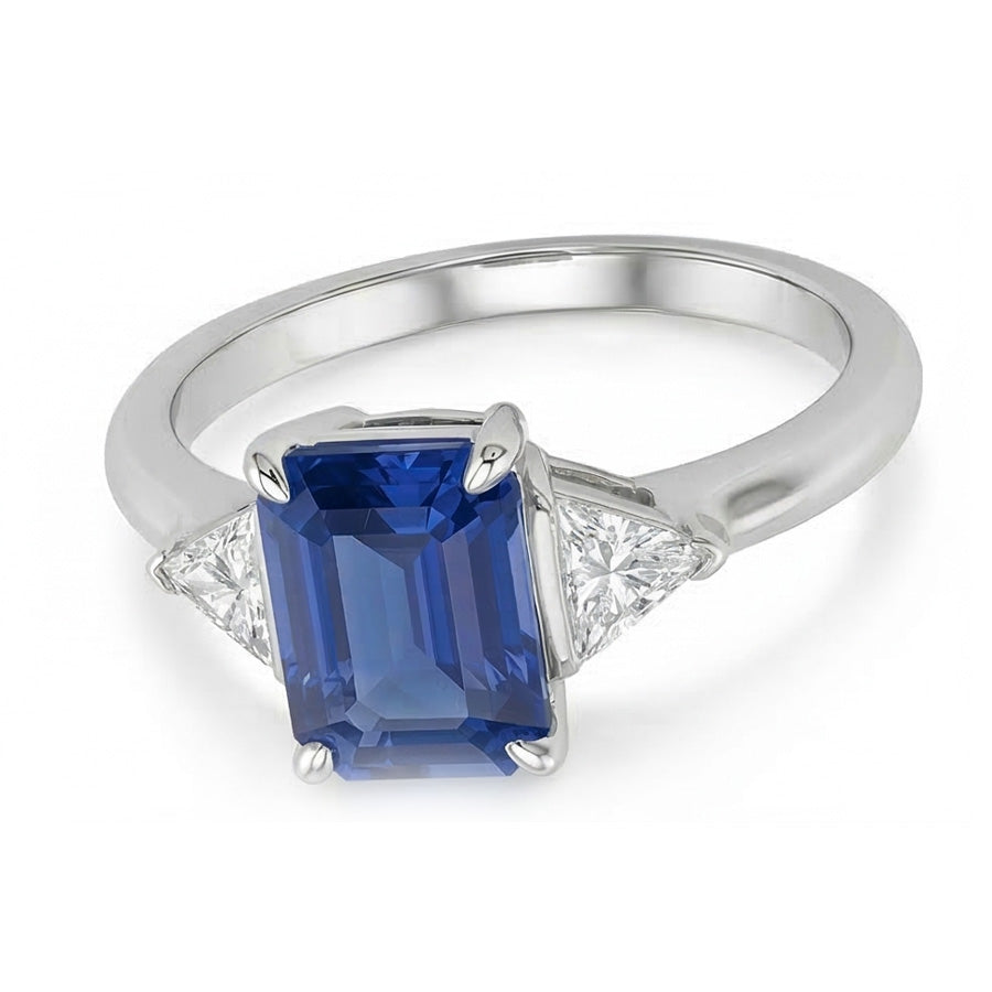Anello Trilioni di Diamanti Naturali Autentici ( non creati in laboratorio ) Tre Pietre Smeraldo Zaffiro di Ceylon 2.50 Carati