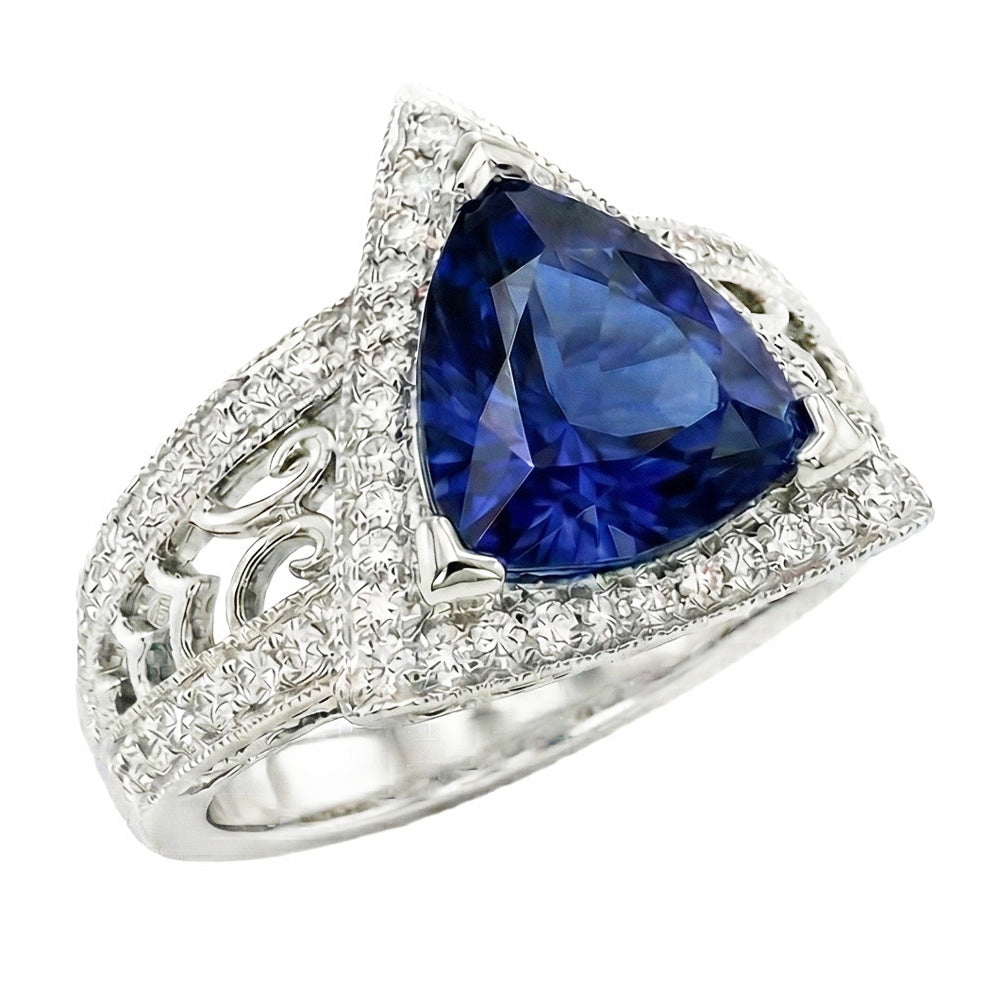 Anello Trilioni di pietre preziose in stile antico con zaffiro di Ceylon 1.50 carati d'oro