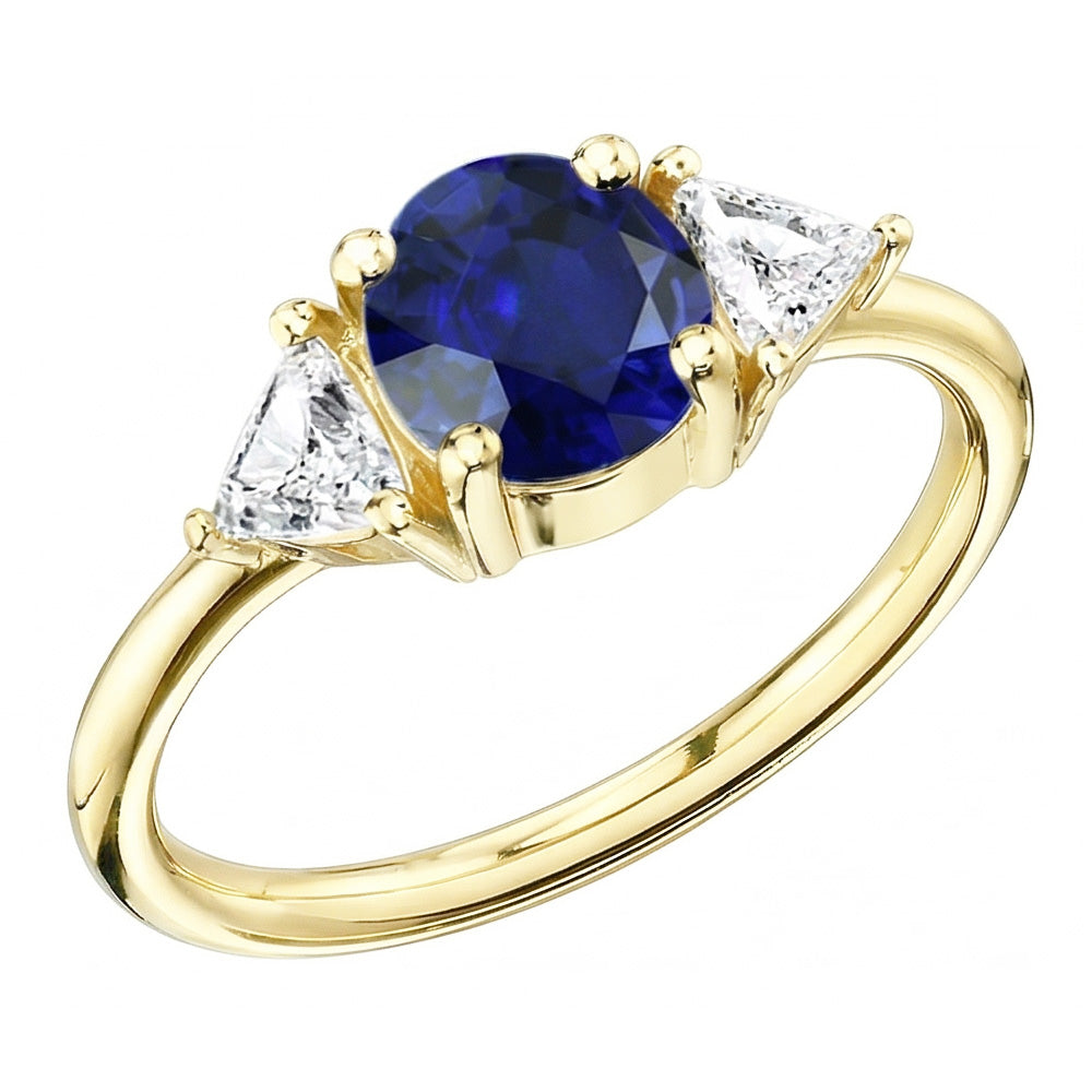 Anello Trilliant con 3 pietre di diamanti 2 carati in oro giallo con zaffiro di Ceylon