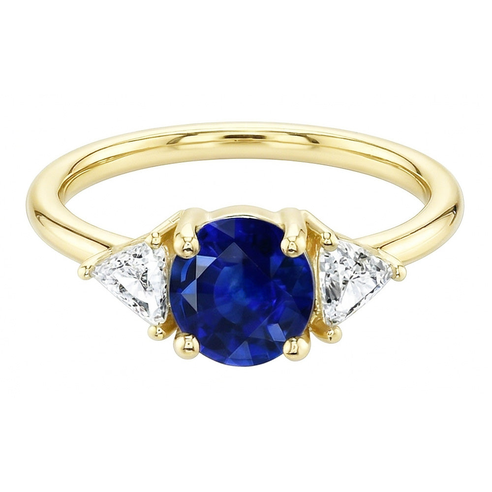 Anello Trilliant con 3 pietre di diamanti 2 carati in oro giallo con zaffiro di Ceylon