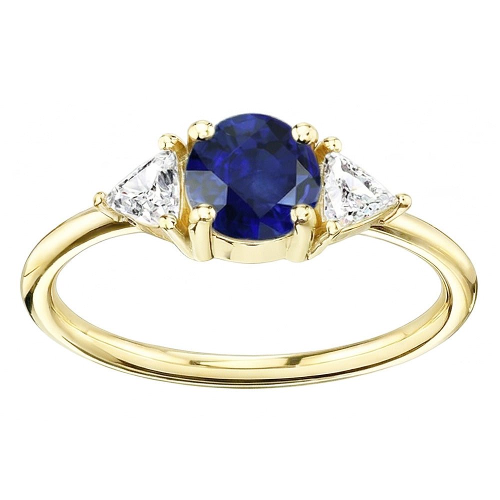 Anello Trilliant con 3 pietre di diamanti 2 carati in oro giallo con zaffiro di Ceylon