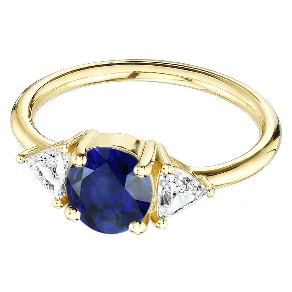 Anello Trilliant con 3 pietre di diamanti 2 carati in oro giallo con zaffiro di Ceylon