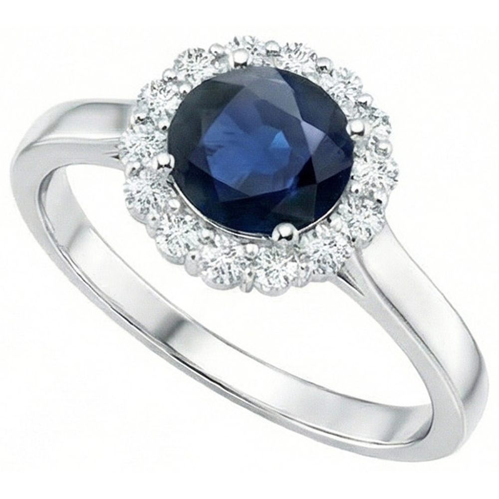 Anello Zaffiro Blu Ceylon Diamante Naturale Autentico ( non creato in laboratorio ) Rotondo 2,45 Carati Oro Bianco 14K