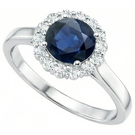 Anello Zaffiro Blu Ceylon Diamante Naturale Autentico ( non creato in laboratorio ) Rotondo 2,45 Carati Oro Bianco 14K