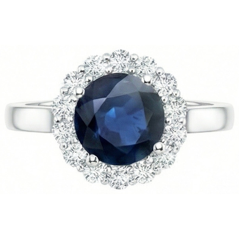 Anello Zaffiro Blu Ceylon Diamante Naturale Autentico ( non creato in laboratorio ) Rotondo 2,45 Carati Oro Bianco 14K