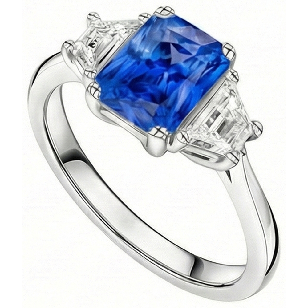 Anello Zaffiro Diamante Naturale Autentico ( non creato in laboratorio ) 3 Pietre Pietre Trapezio Conico Gambo 3 Carati
