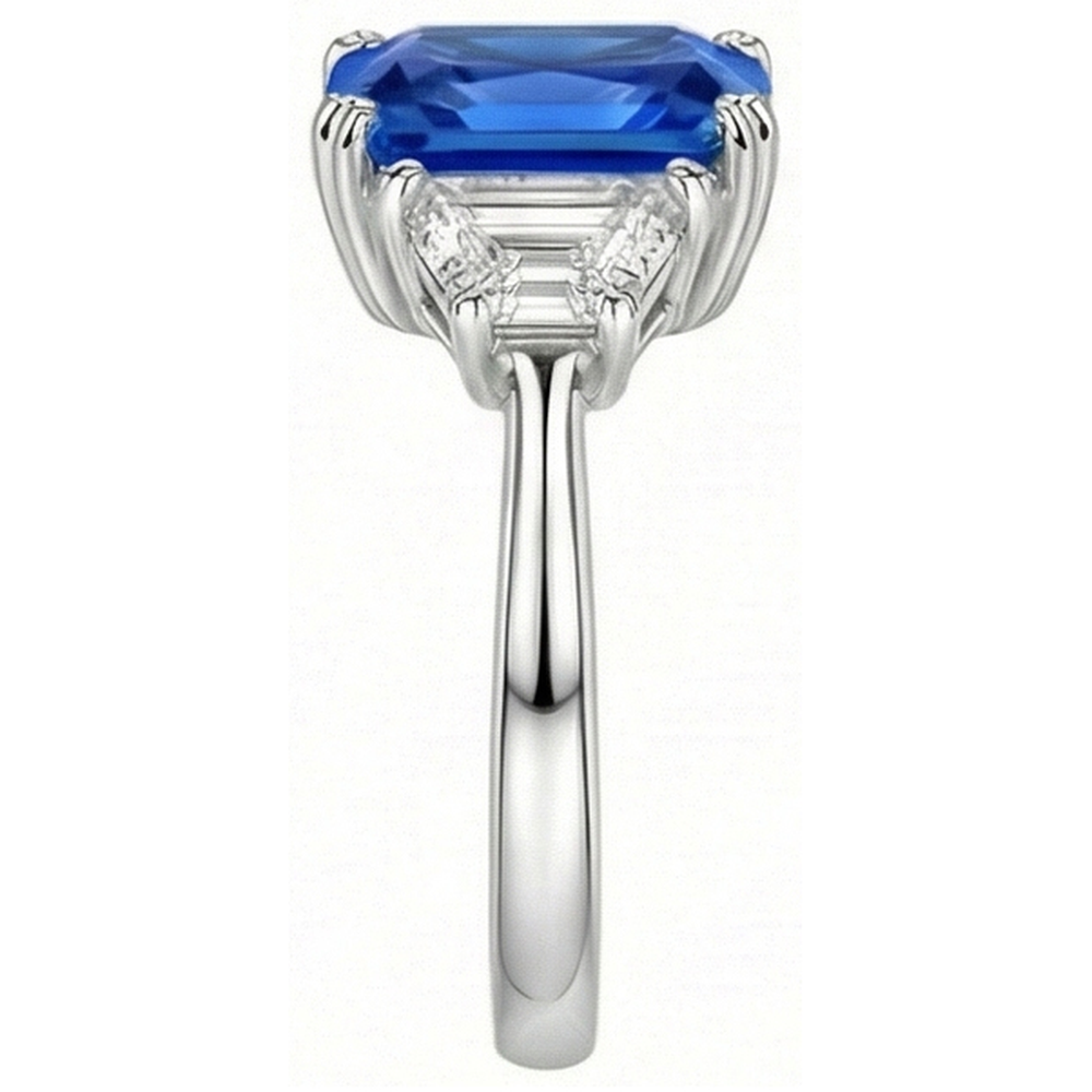 Anello Zaffiro Diamante Naturale Autentico ( non creato in laboratorio ) 3 Pietre Pietre Trapezio Conico Gambo 3 Carati