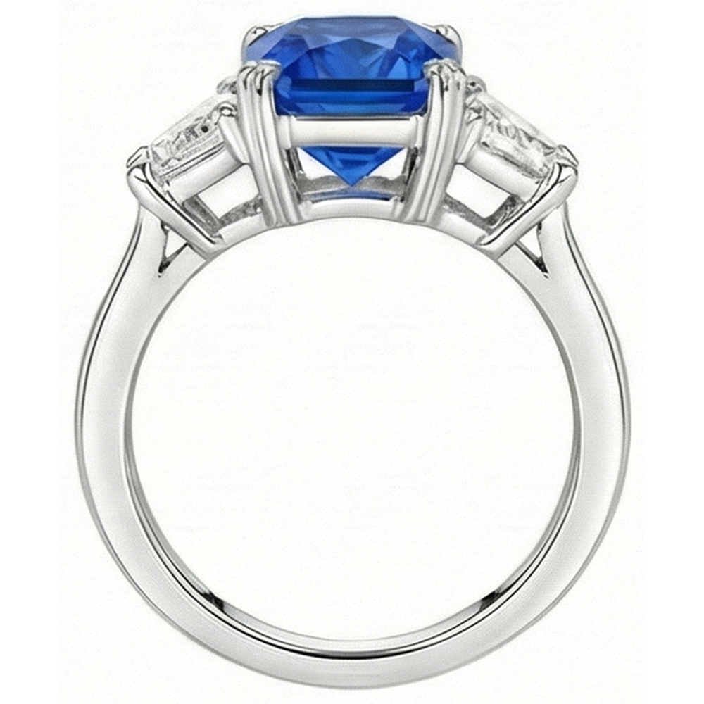 Anello Zaffiro Diamante Naturale Autentico ( non creato in laboratorio ) 3 Pietre Pietre Trapezio Conico Gambo 3 Carati