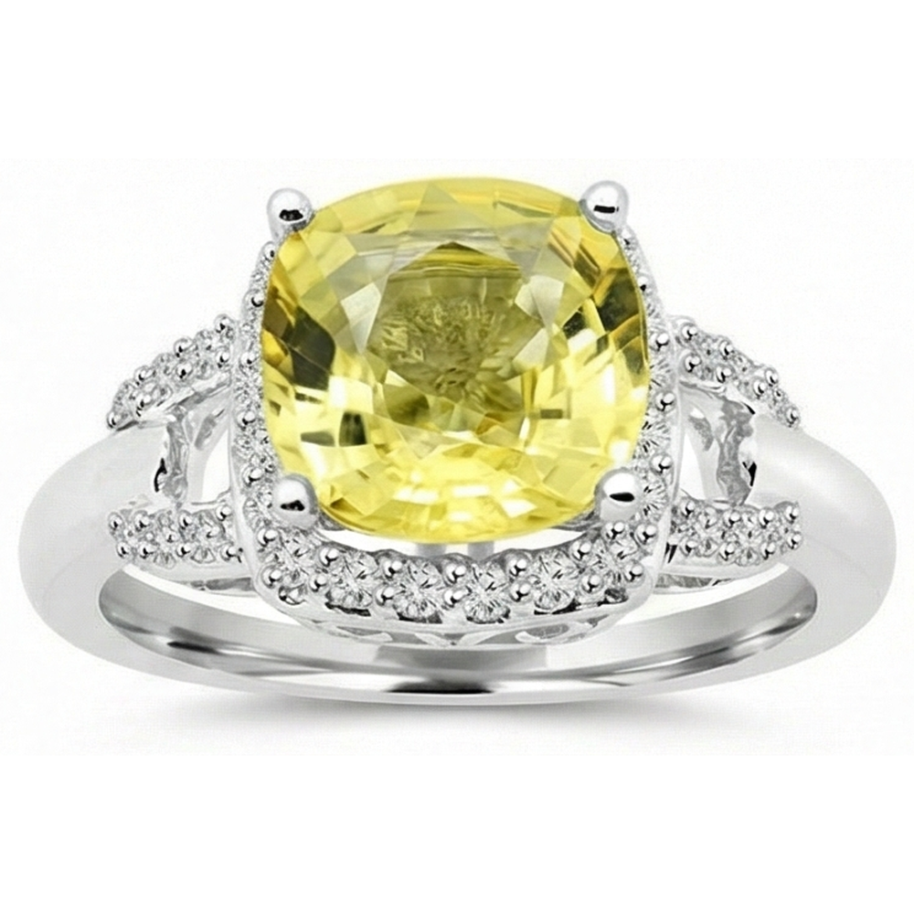 Anello Zaffiro Giallo E Diamanti Naturali Autentici ( non creati in laboratorio ) 4 Carati Oro Bianco 14K