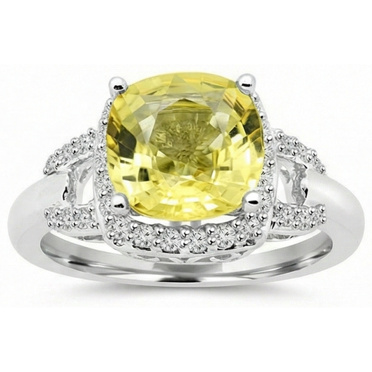 Anello Zaffiro Giallo E Diamanti Naturali Autentici ( non creati in laboratorio ) 4 Carati Oro Bianco 14K