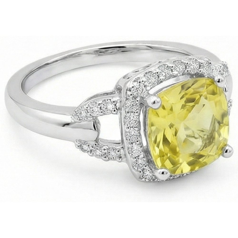 Anello Zaffiro Giallo E Diamanti Naturali Autentici ( non creati in laboratorio ) 4 Carati Oro Bianco 14K
