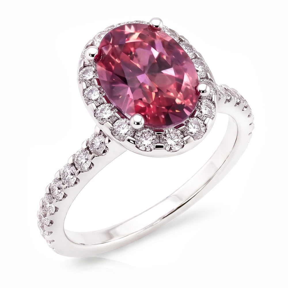 Anello Zaffiro Rosa E Diamanti 3.90 Carati Oro Bianco 14K