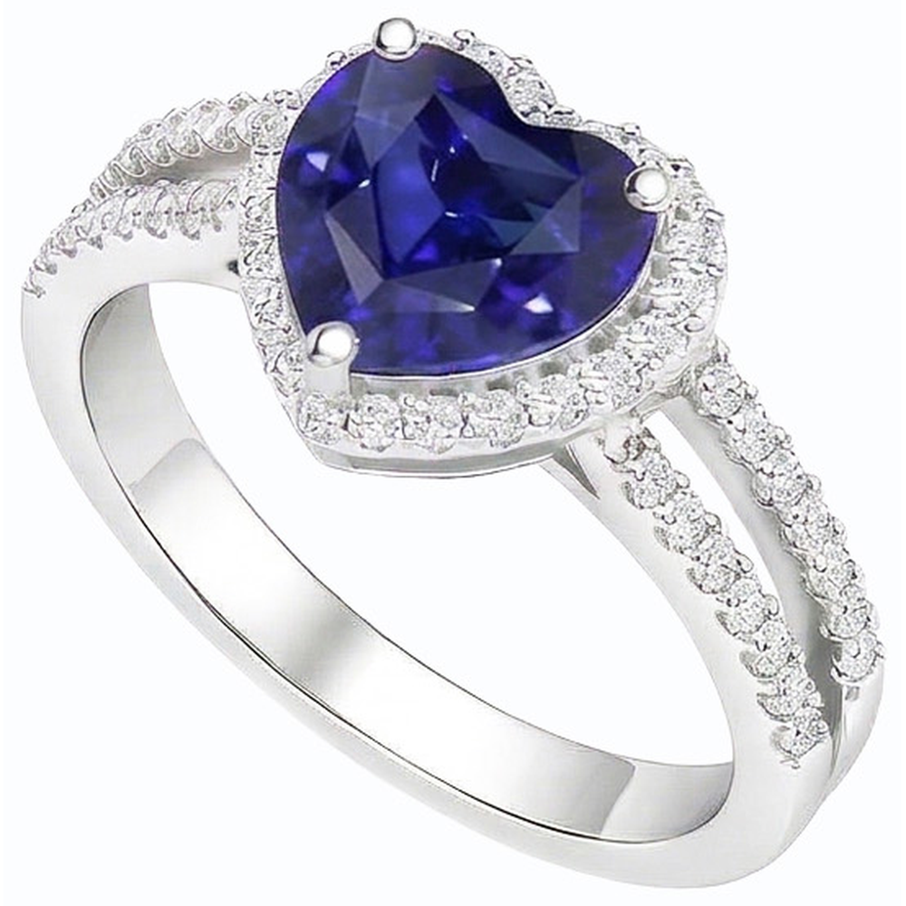 Anello Zaffiro taglio cuore con diamante Halo Doppio gambo 3.50 carati