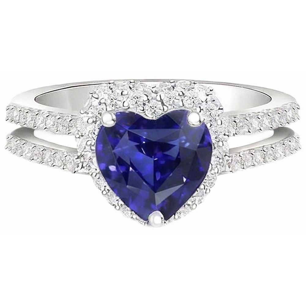 Anello Zaffiro taglio cuore con diamante Halo Doppio gambo 3.50 carati